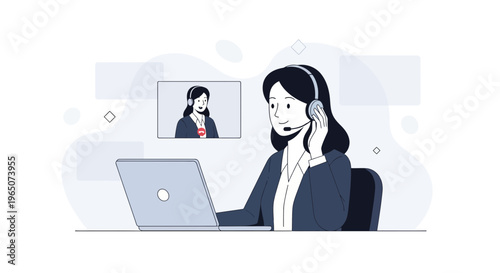 Customer Service Agent with Headset and Laptop, Video Call Communication