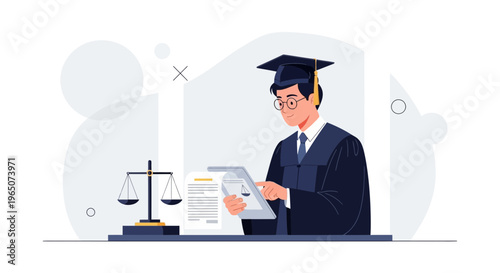 Lawyer in Graduation Gown with Tablet and Scales of Justice