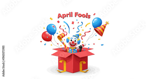 Illustration of a clown emerging from a red gift box with colorful balloons and confetti on April Fools' Day, spreading harmless hoaxes as a joke in a playful design against a white