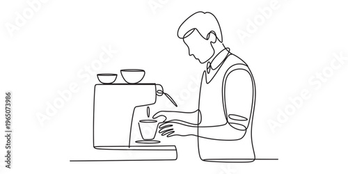 A single line drawing of a barista carefully preparing a fresh cup of coffee at a coffee machine Vector, illustration