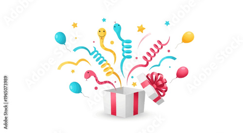 A colorful illustration of a gift box with red ribbon and streaming confetti and ribbons on a white background, symbolizing April Fools' Day annual tradition of harmless hoaxes and jokes.