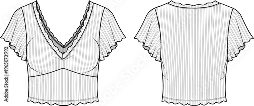 Women rib knit v-neck crop top technical fashion flat sketch with flutter sleeves and lettuce edge hem front and back view vector illustration.