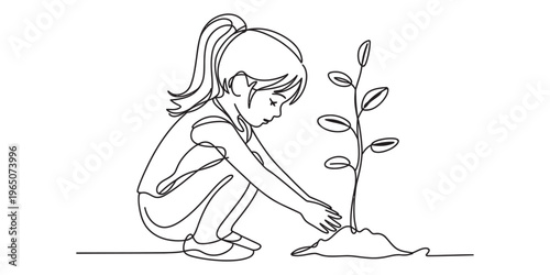 Continuous line drawing of a young girl crouching down to carefully plant a small green seedling Vector, illustration