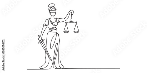 A single continuous line drawing of lady justice holding a balance scale and a sharp sword statue Vector, illustration