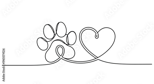 Paw Print and Heart Connected - Line Art