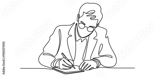 A single continuous line drawing of a focused man in glasses writing in a notebook at his desk. Vector, illustration