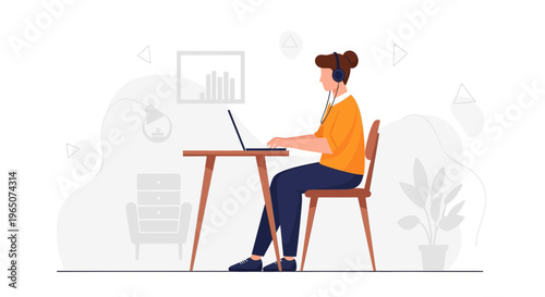Woman working on laptop with headphones in a minimalist home office, flat illustration style