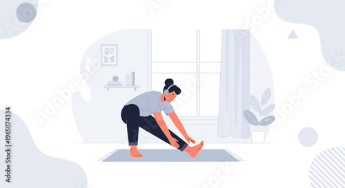 Woman stretching at home, healthy lifestyle, home workout, yoga, fitness, exercise, wellness