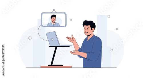 Man in video call, online meeting, remote work, laptop, screen, communication, business