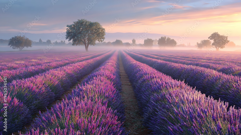 Obraz premium A stunning lavender field at sunrise, showcasing vibrant purple flowers stretching towards the horizon. Gentle mist surrounds the area, creating a serene and peaceful atmosphere.