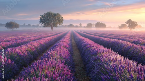 A stunning lavender field at sunrise, showcasing vibrant purple flowers stretching towards the horizon. Gentle mist surrounds the area, creating a serene and peaceful atmosphere.