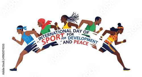 Illustration of diverse athletes running with a banner for International Day of Sport for Development and Peace 2026 in a vibrant, colorful design.