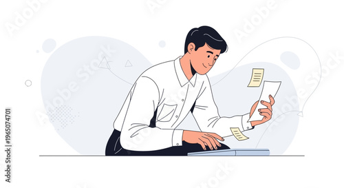 Man working at desk with papers and laptop, focused on task, modern office illustration