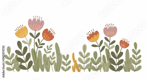 Colorful flowers and green leaves arrangement.