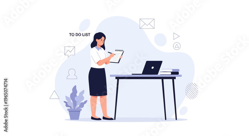 Woman writing to-do list at desk with laptop, planning tasks, business organization concept