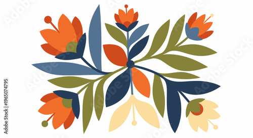 Colorful flowers and green leaves arrangement.