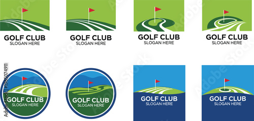Professional golf club logo templates and sports badges set featuring green fairways with red flags for country clubs, tournaments, and luxury sports branding.