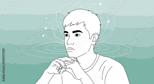Illustration of a contemplative man with his hand on his chin against a soothing green background with swirling lines and dots.