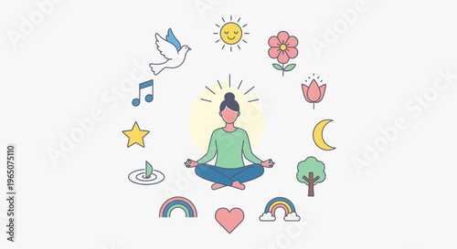 Illustration of a meditating person surrounded by symbolic icons like a dove, sun, music notes, and flowers in a calming composition.