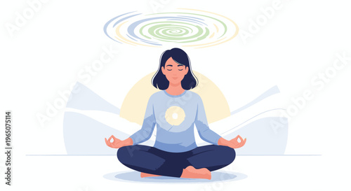 Illustration of a serene woman meditating in lotus position with swirling lines above her head against a minimalist background with pastel colors.