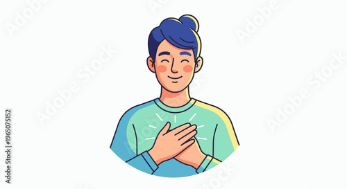 Illustration of a smiling young man with blue hair and a green shirt, hands on chest, against a clean white background with a friendly and approachable mood.