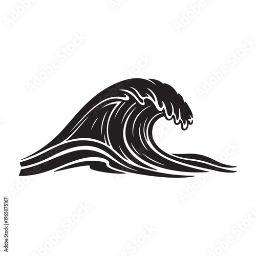 Black silhouette of a crashing ocean wave on white background