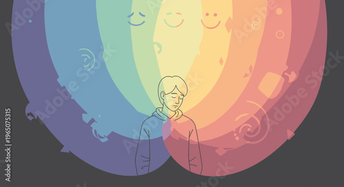 Illustration of a smiling elderly man standing in front of a colorful rainbow with various emoticon faces in the background against a dark gray backdrop.
