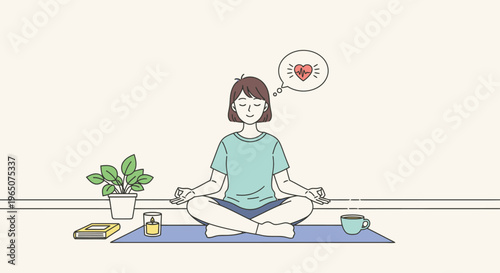 A woman sits cross-legged on a yoga mat, meditating with a peaceful expression, surrounded by a plant, books, and a cup, in a simple room with a heart above her head.