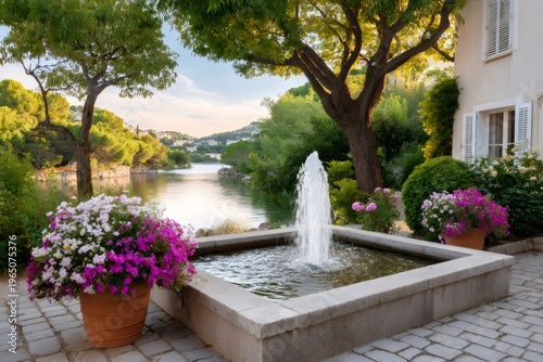 Picturesque garden scene featuring bubbling fountain by lake
