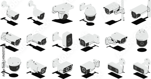 Set of isometric security camera icons featuring dome and bullet CCTV surveillance systems for home safety business monitoring and smart protection technology projects.