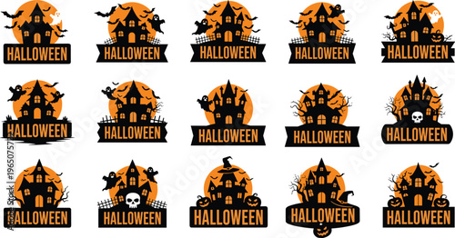 Spooky Halloween haunted house badge collection featuring silhouettes of creepy mansions ghosts bats pumpkins and skulls against a full moon orange background.