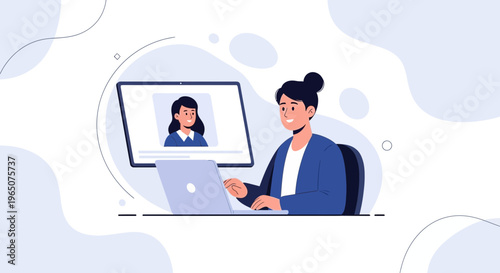 Woman working on laptop, video call with colleague on computer screen, remote work concept