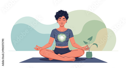 Illustration of a woman sitting in lotus position on a yoga mat with a plant beside her, wearing a gray t-shirt with a green logo, against a colorful abstract background with calming colors.
