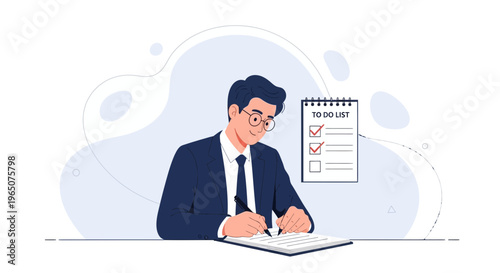 Businessman checking to-do list, planning tasks, and achieving goals