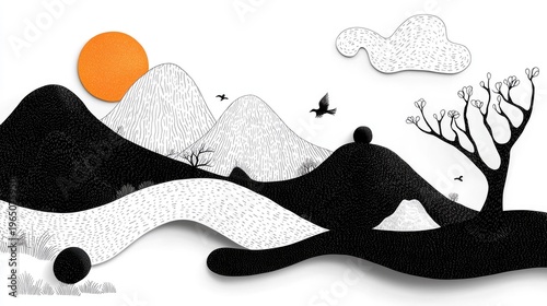 Minimalist Mountain Silhouette Landscape with Textured Orange Sun and Stylized Clouds against a White Background