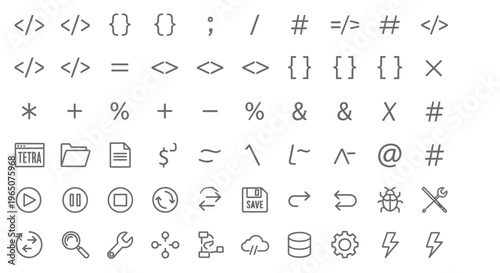 Set of icons representing programming, coding, and web development symbols