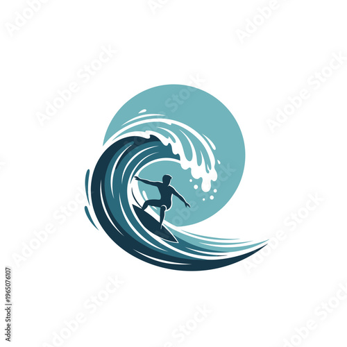 Silhouette Surfer Riding Crashing Wave Under Blue Circle