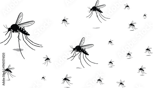 Swarm of realistic mosquito silhouettes isolated on white background for health awareness pest control malaria prevention zika virus protection and medical educational graphic design.
