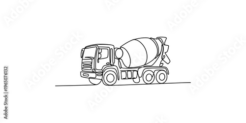 Continuous line drawing of a cement mixer truck on a white background construction vehicle concrete