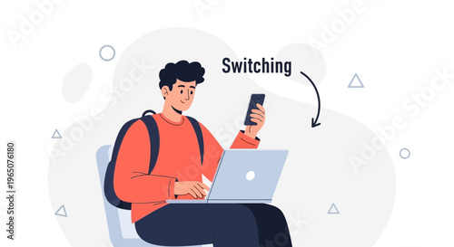 Young man switching between laptop and smartphone, modern lifestyle, remote work concept