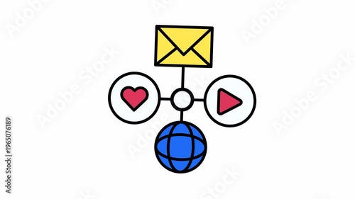 Network of interconnected symbols suitable for illustrating online networking, social media, technology, internet, communication, connectivity, and modern digital concepts.
