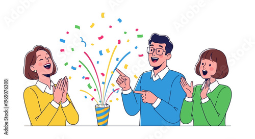 Illustration of people celebrating April Fools' Day with a colorful party popper in a joyful and playful scene with a business background.