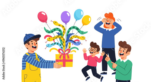 Illustration of people celebrating April Fools' Day with a colorful prank gift and balloons on a clean background, conveying a joyful and playful mood with a mix of surprise and laughter.