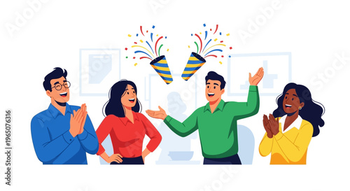 Illustration of diverse colleagues celebrating April Fools' Day with a joyful annual tradition, spreading harmless hoaxes as a joke in a business setting with colorful confetti and party