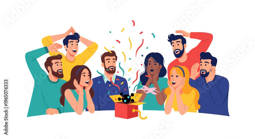 Colorful illustration of people celebrating April Fools' Day with a surprise party and harmless hoaxes in a joyful event, conveying a playful and humorous mood against a clean background.