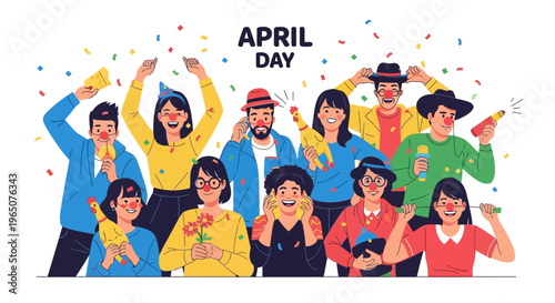 Illustration of diverse people celebrating April Fools' Day with confetti and joyful expressions on a white background.