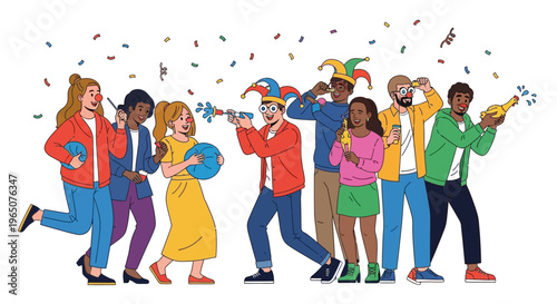 Colorful illustration of diverse people celebrating April Fools' Day with confetti and pranks in a joyful and playful scene.