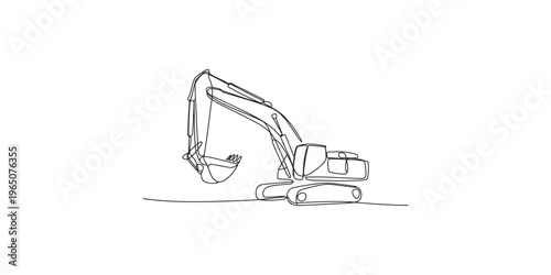 Continuous line drawing of excavator on white background construction equipment heavy machinery digging machine tractor