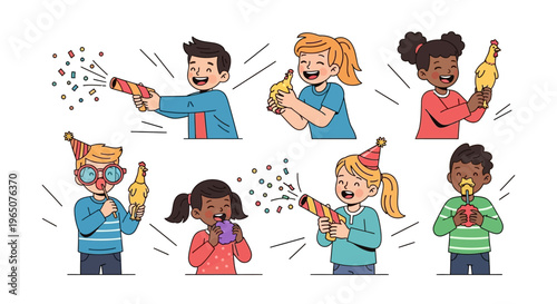 Illustration of diverse people celebrating April Fools' Day with party poppers and confetti, spreading harmless hoaxes as a joke in a colorful, annual tradition against a clean background.