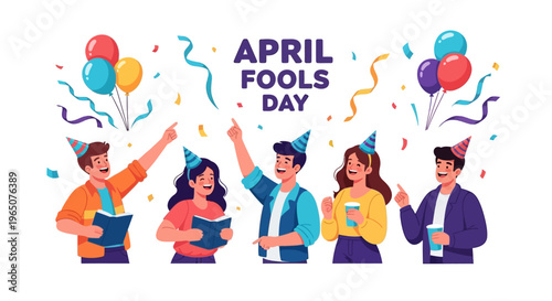 Colorful illustration of people celebrating April Fools' Day with party hats and balloons, spreading harmless hoaxes as a joke in a lively event background, symbolizing the annual tradition